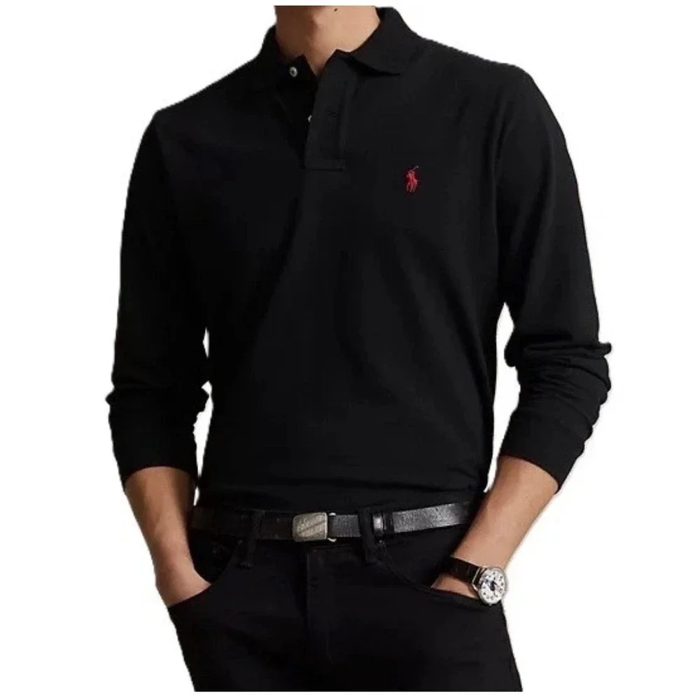 Polo Ralph Lauren Mens Size XL Black Long Sleeve Cotton Polo Shirt Red Pony